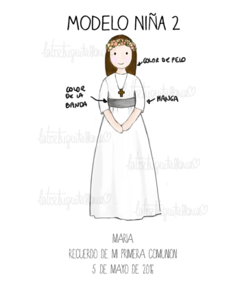 Modelo comunion niña colección María. Puedes elegir el color de pelo, el color de la banda y la largura de la manga.