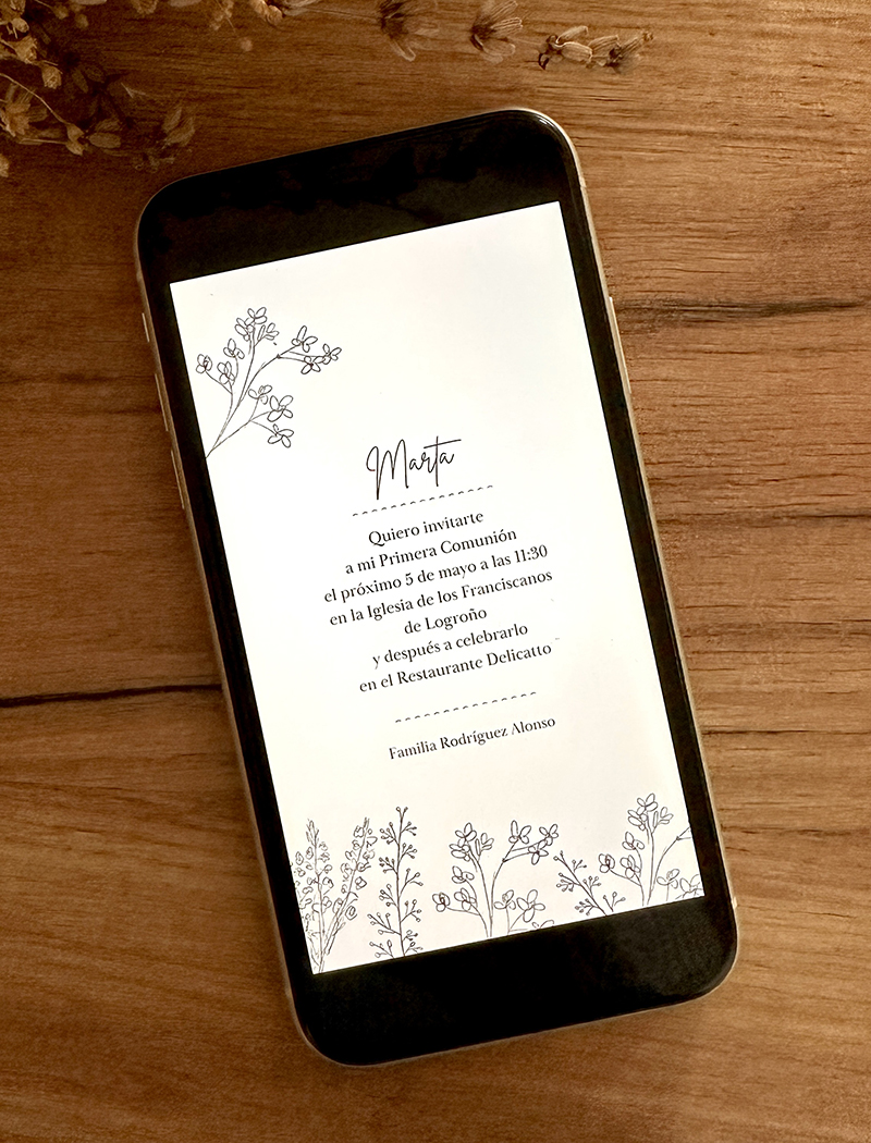 Invitación DIGITAL de Comunión. Modelo FLORES SILVESTRES
