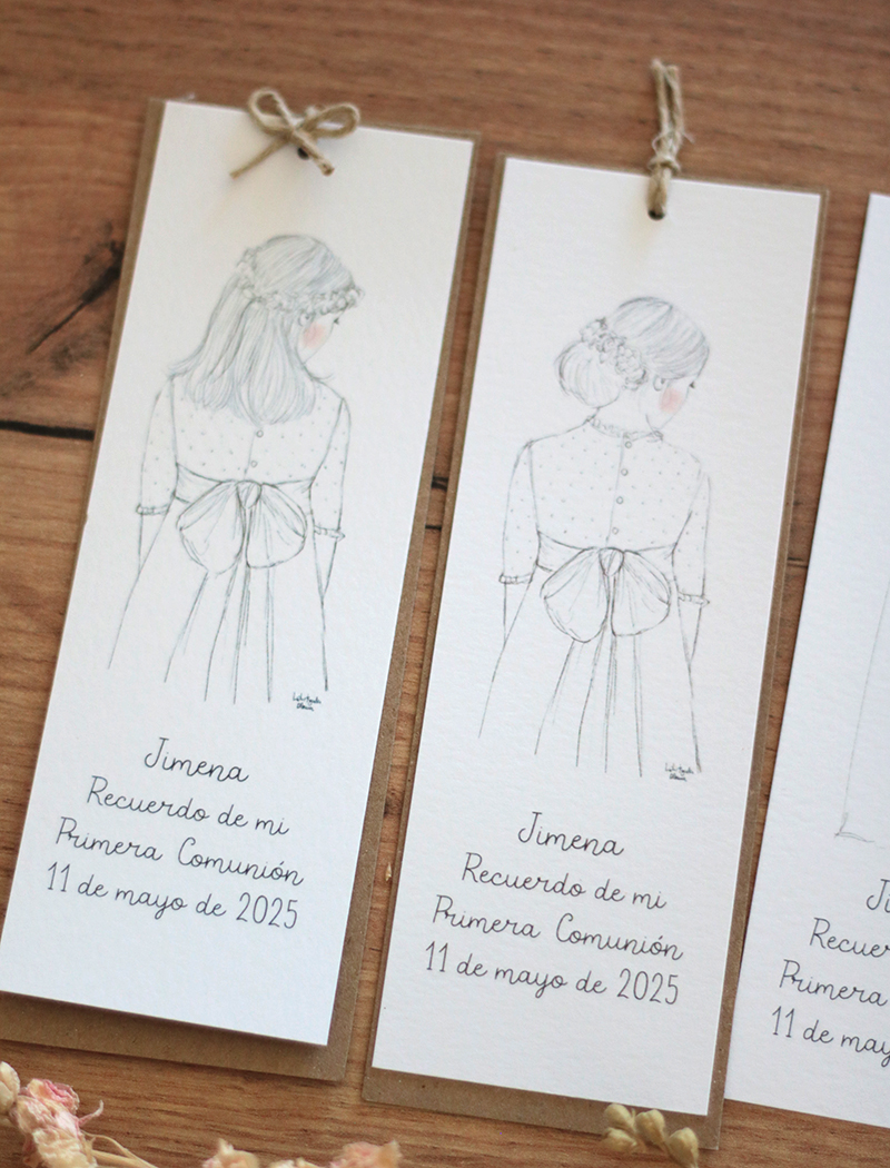 Colección Jimena de Primera Comunión: recordatorios dibujados a lapiz.