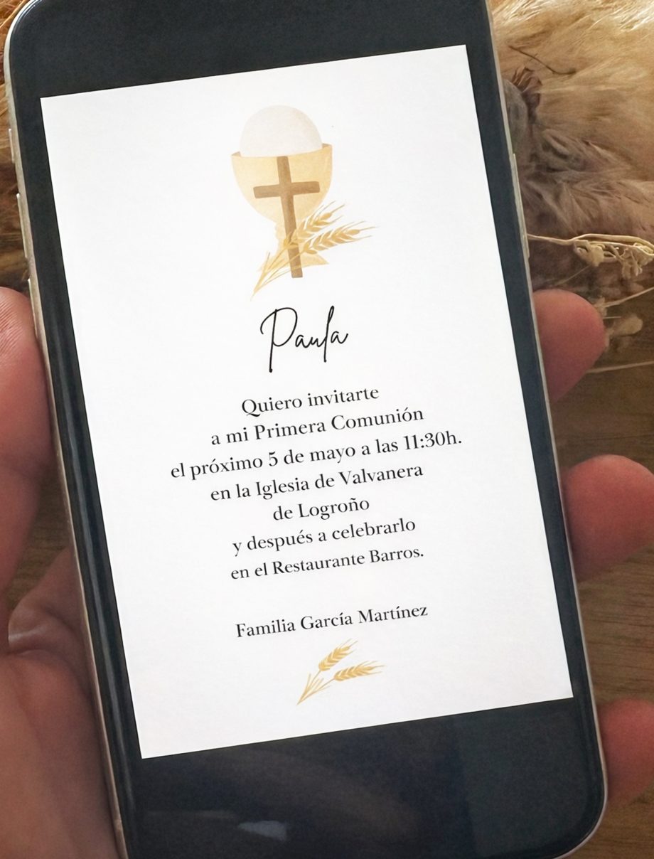 Invitación DIGITAL de Comunión. Modelo CÁLIZ Y CRUZ