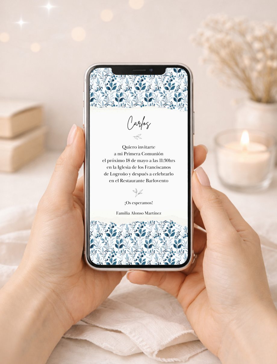 Invitación DIGITAL de Comunión. Modelo NATURA BLUE