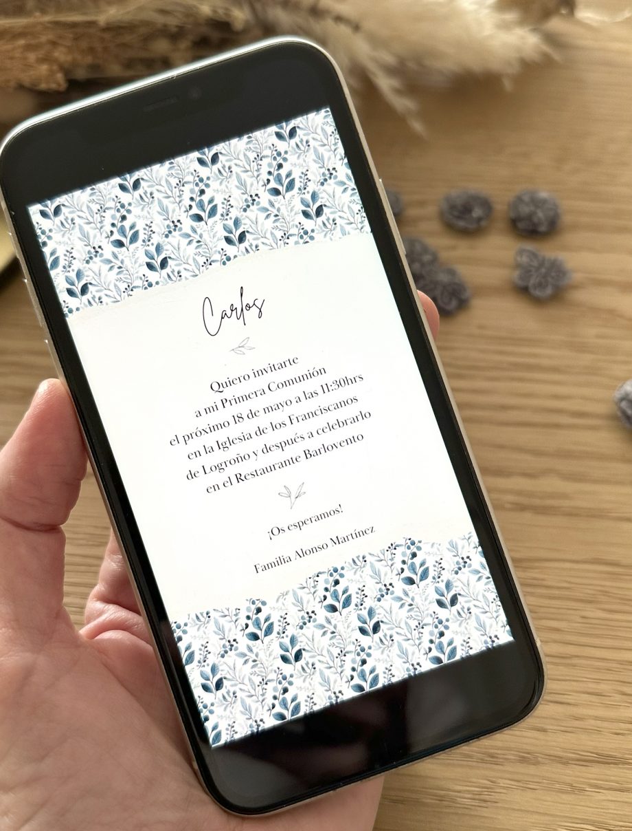 Invitación DIGITAL de Comunión. Modelo NATURA BLUE