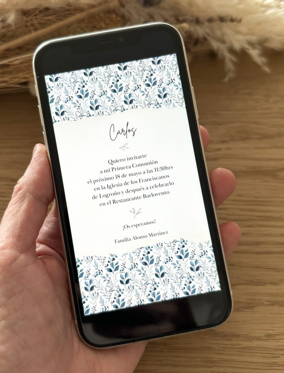 Invitación DIGITAL de Comunión. Modelo NATURA BLUE
