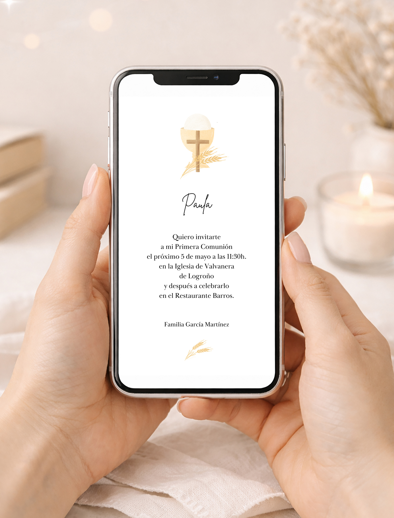 invitacion digital para enviar por whatsapp o email con un dibujo de caliz y cruz