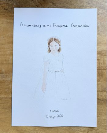 Lámina de bienvenida de Primera Comunión con retrato ilustrado en acuarela de una niña, nombre y fecha