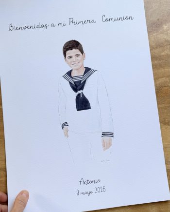 Lámina de bienvenida de Comunión con retrato ilustrado de un niño vestido de marinero