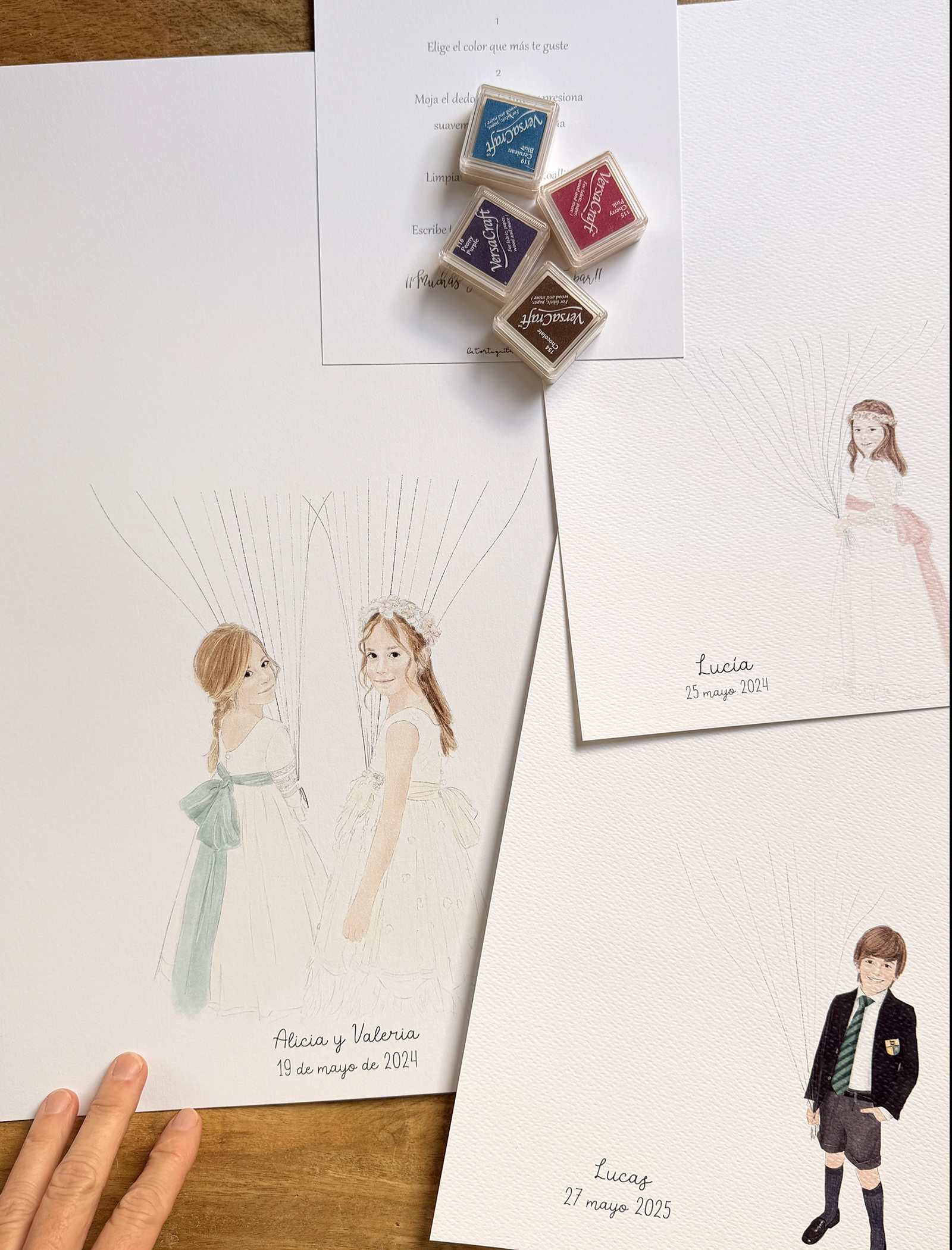 Láminas de huellas de Comunión con tintas de colores para que los invitados dejen su huella