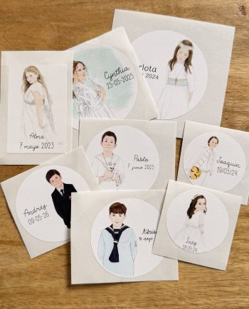 Pegatinas de Comunión personalizadas, redondas y rectangulares, con retrato ilustrado, nombre y fecha