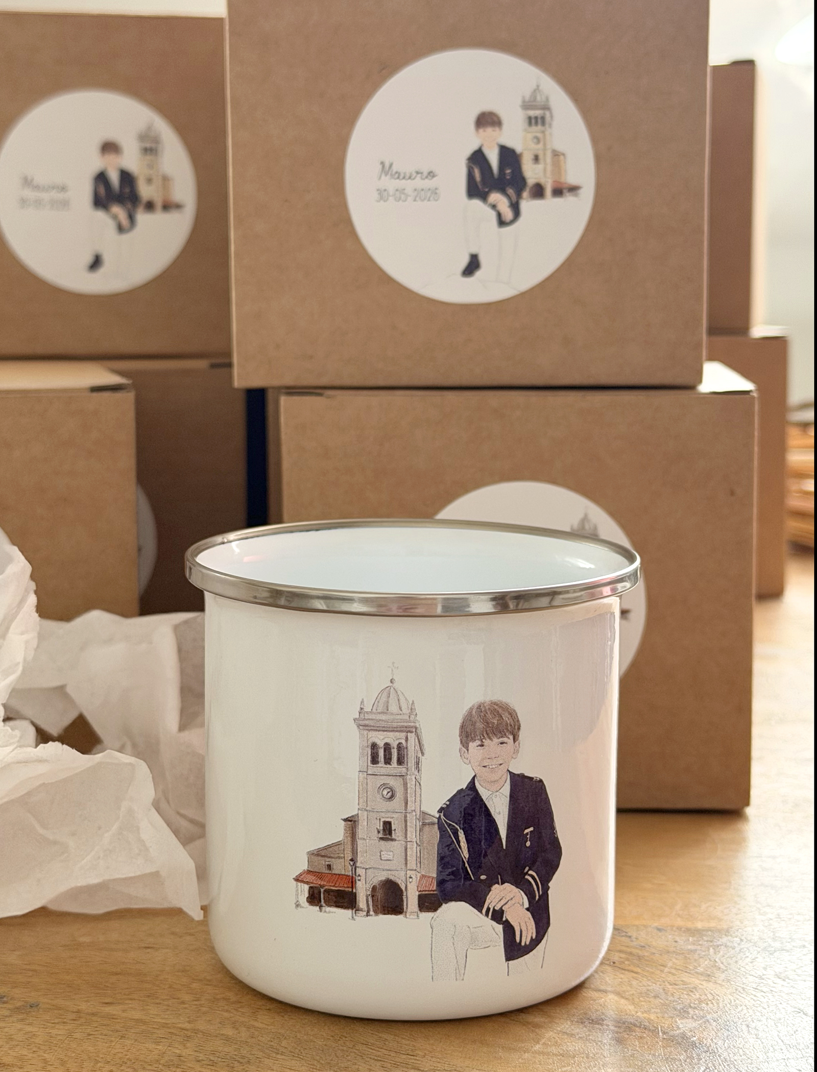 taza de metal con diseño primera comunión personalizado niño con iglesia de fondo